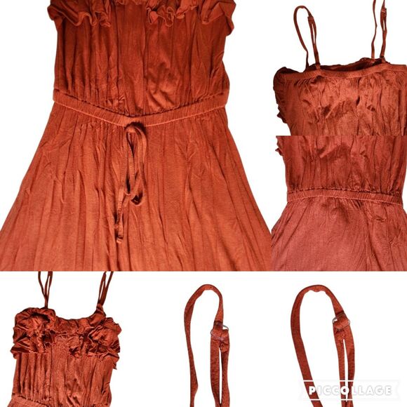 Pink Rose Rust Orange Ruffle Bust Drawstring Fit & Flare Mini Dress Sz M - Picture 4 of 12